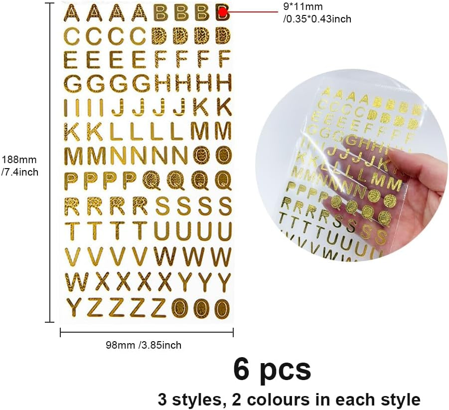 ONEBO 6 Feuilles Alphabet Number Stickers,Autocollants D’Alphabet,Pour Scrapbooking Cadeau Enseignement Bricolage Décorations De Chapeau De Graduation(3 Styles, 2 Couleurs)